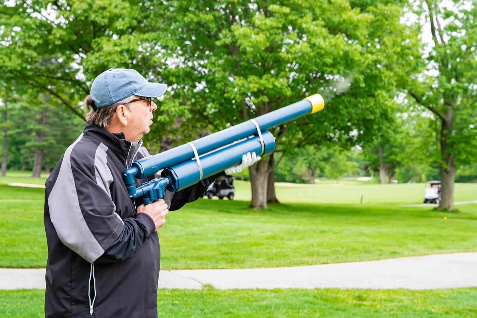 Player holding cannon launch equipment